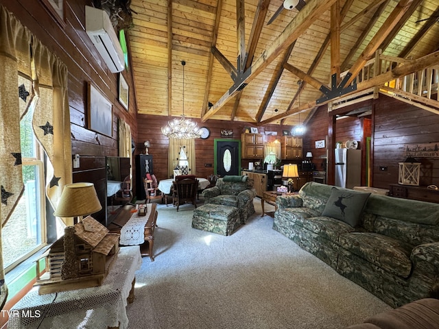 1014 Lightnen Rd, Parrottsville, TN 37843 - carpeted living room with a wall mounted AC, wood walls, a wood ceiling with exposed beams, a chandelier, and high vaulted ceiling