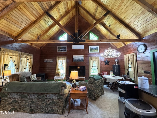 1014 Lightnen Rd, Parrottsville, TN 37843 - carpeted living room with a chandelier, a wood ceiling with exposed beams, plenty of natural light, wood walls, and high vaulted ceiling