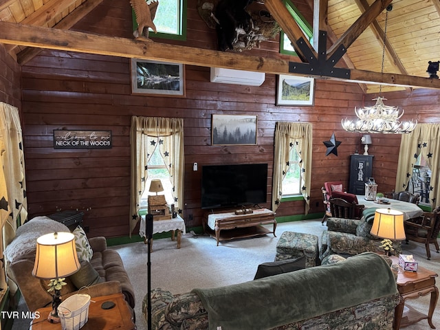 1014 Lightnen Rd, Parrottsville, TN 37843 - living area featuring a wall unit AC, carpet flooring, a wood ceiling with exposed beams, wooden walls, and plenty of natural light
