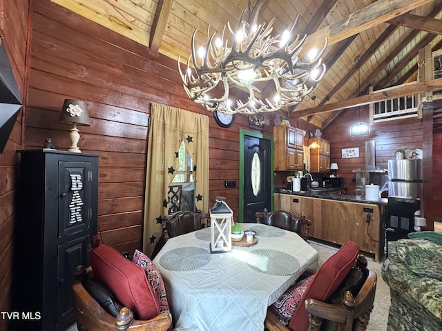 1014 Lightnen Rd, Parrottsville, TN 37843 - dining area with wood ceiling, wooden walls, and a chandelier