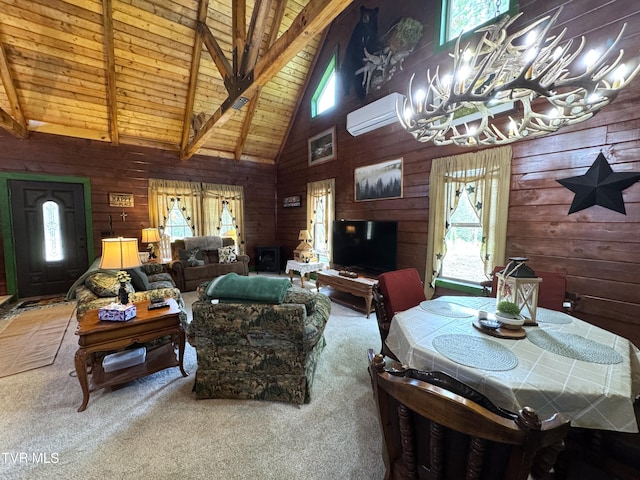 1014 Lightnen Rd, Parrottsville, TN 37843 - carpeted living room with healthy amount of natural light, wood walls, a wall mounted air conditioner, a wood ceiling with exposed beams, and high vaulted ceiling