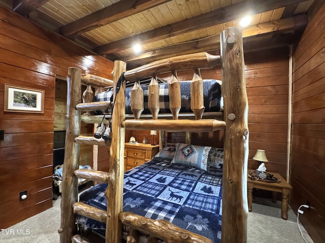 1014 Lightnen Rd, Parrottsville, TN 37843 - bedroom featuring carpet floors, wooden walls, and a wooden ceiling with exposed beams