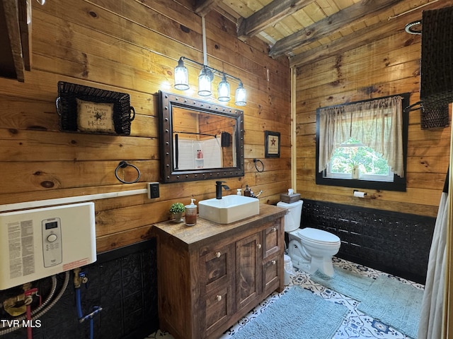1014 Lightnen Rd, Parrottsville, TN 37843 - bathroom with wooden walls, a wooden ceiling with exposed beams, and vanity