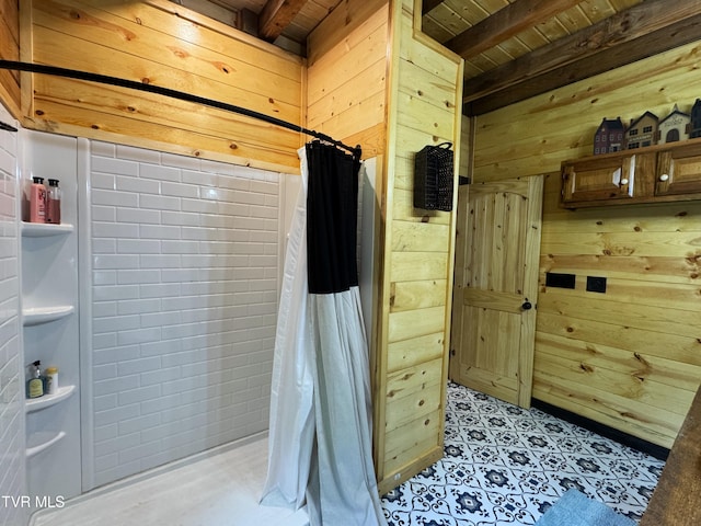 1014 Lightnen Rd, Parrottsville, TN 37843 - bathroom with wooden walls, a wooden ceiling with exposed beams, and a shower with curtain