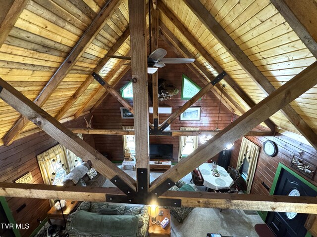 1014 Lightnen Rd, Parrottsville, TN 37843 - detailed view of a wooden ceiling with exposed beams, wooden walls, and a ceiling fan