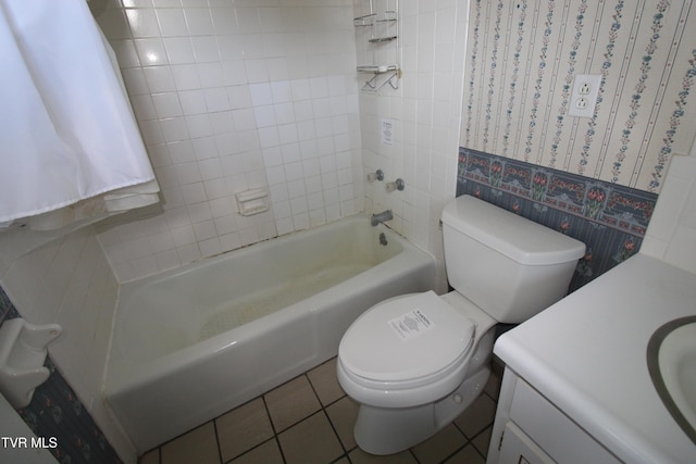 288 Hicks Rd, Piney Flats, TN 37686 - bathroom with vanity, tub / shower combination, tile patterned floors, and wallpapered walls