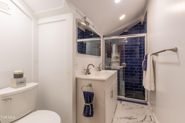 917 Pennsylvania Ave, Bristol, TN 37620 - bathroom featuring marble finish flooring, vanity, a shower stall, vaulted ceiling, and recessed lighting