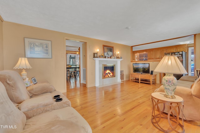 473 Oak Grove Rd, Gray, TN 37615 - living room featuring light wood finished floors, a fireplace with flush hearth, and ornamental molding