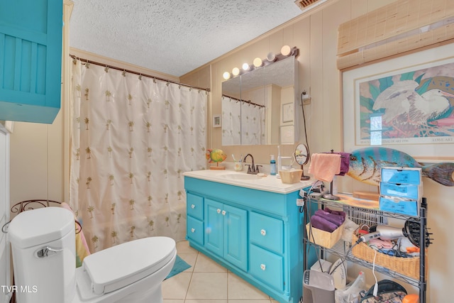 473 Oak Grove Rd, Gray, TN 37615 - bathroom with vanity, a textured ceiling, tile patterned flooring, and a shower with shower curtain