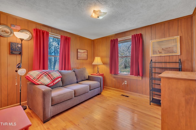 473 Oak Grove Rd, Gray, TN 37615 - living room featuring a textured ceiling, hardwood / wood-style flooring, and wooden walls