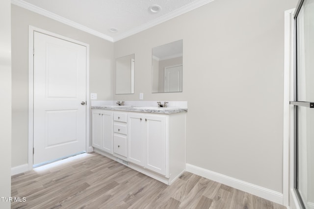 1024 Walnut Ave, Kingsport, TN 37660 - bathroom with wood finished floors, double vanity, ornamental molding, and recessed lighting
