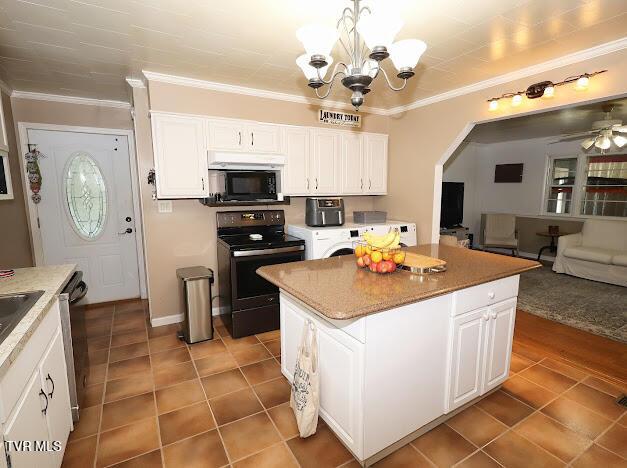 8087 Baptist Valley Rd, North Tazewell, VA 24630 - kitchen with electric range, tile patterned floors, white cabinets, a chandelier, and ornamental molding