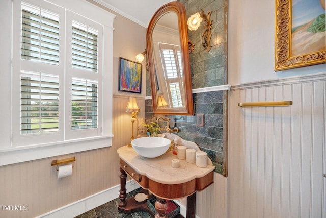 201 W Wanola Ave, Kingsport, TN 37660 - bathroom featuring crown molding, a wainscoted wall, and vanity