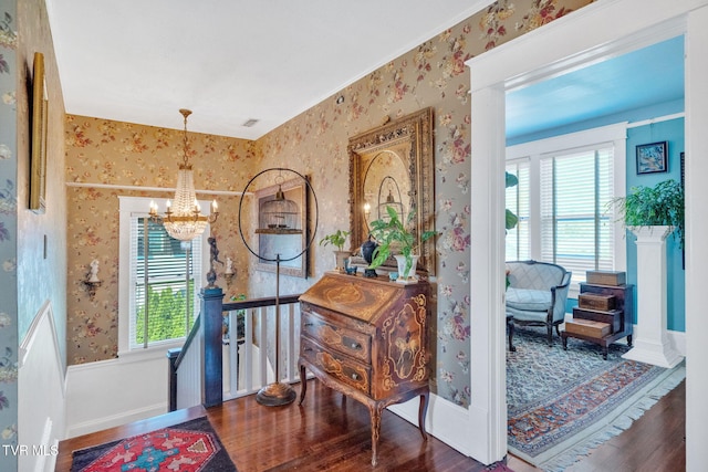 201 W Wanola Ave, Kingsport, TN 37660 - foyer featuring wallpapered walls, wood finished floors, and a chandelier