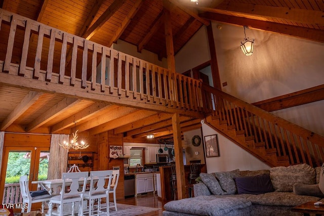 332 Undertaker Blvd, Clintwood, VA 24228 - living room featuring high vaulted ceiling, a wooden ceiling with exposed beams, a chandelier, stairs, and wooden walls