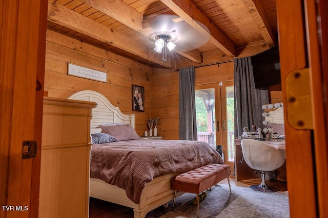 332 Undertaker Blvd, Clintwood, VA 24228 - bedroom with french doors, a wooden ceiling with exposed beams, access to outside, and wooden walls