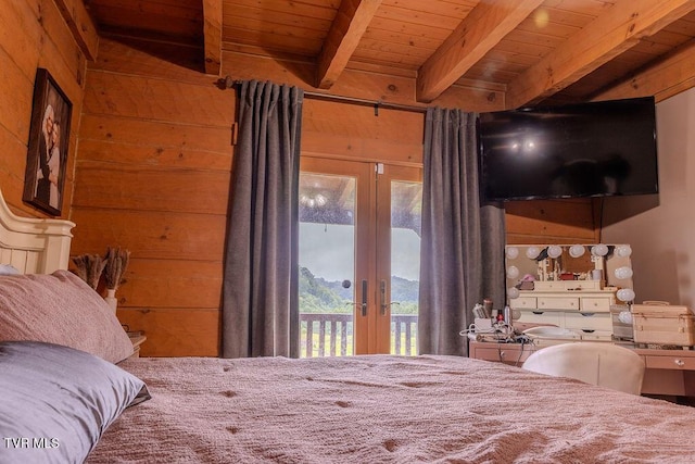 332 Undertaker Blvd, Clintwood, VA 24228 - bedroom featuring access to outside, a wooden ceiling with exposed beams, french doors, and wooden walls