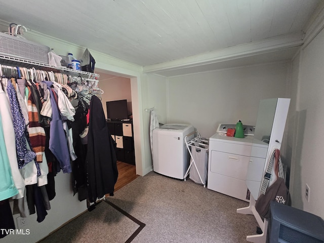 1358 Bristol Hwy, Elizabethton, TN 37643 - laundry room featuring washer and dryer, carpet flooring, and wood ceiling