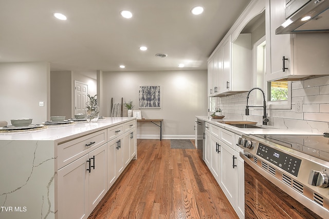 1091 Long Crescent Dr, Bristol, VA 24201 - kitchen with appliances with stainless steel finishes, exhaust hood, recessed lighting, white cabinets, and backsplash