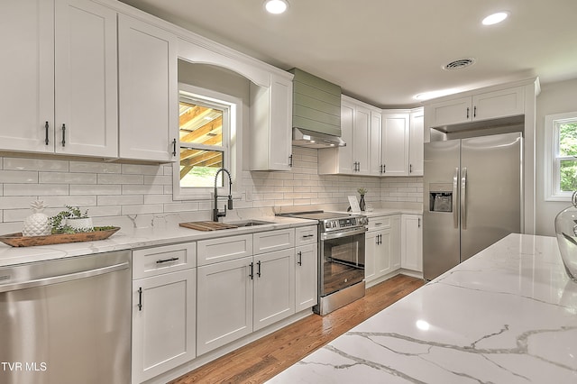 1091 Long Crescent Dr, Bristol, VA 24201 - kitchen with stainless steel appliances, white cabinets, light wood finished floors, tasteful backsplash, and recessed lighting