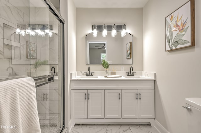 1091 Long Crescent Dr, Bristol, VA 24201 - full bath with marble finish flooring, double vanity, a shower stall, and ceiling fan