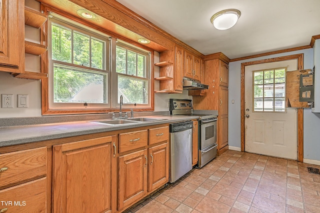 301 Keenburg Rd, Bluff City, TN 37618 - kitchen with open shelves, appliances with stainless steel finishes, under cabinet range hood, brick patterned flooring, and brown cabinetry