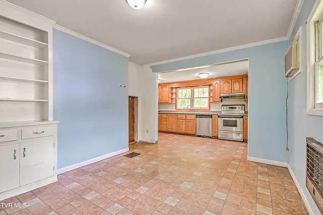 301 Keenburg Rd, Bluff City, TN 37618 - kitchen with stainless steel appliances, under cabinet range hood, crown molding, light countertops, and heating unit