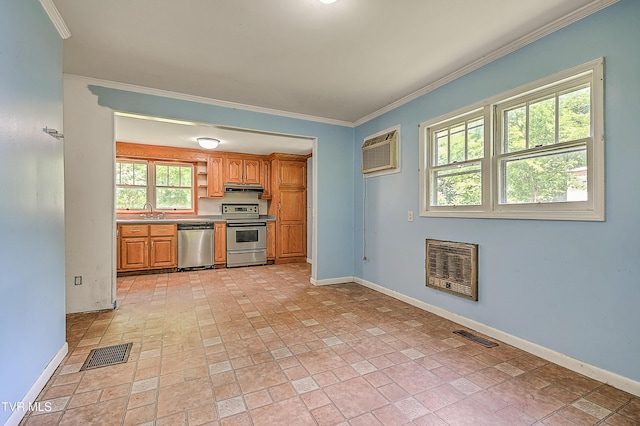 301 Keenburg Rd, Bluff City, TN 37618 - kitchen featuring appliances with stainless steel finishes, a wall unit AC, under cabinet range hood, heating unit, and brown cabinets