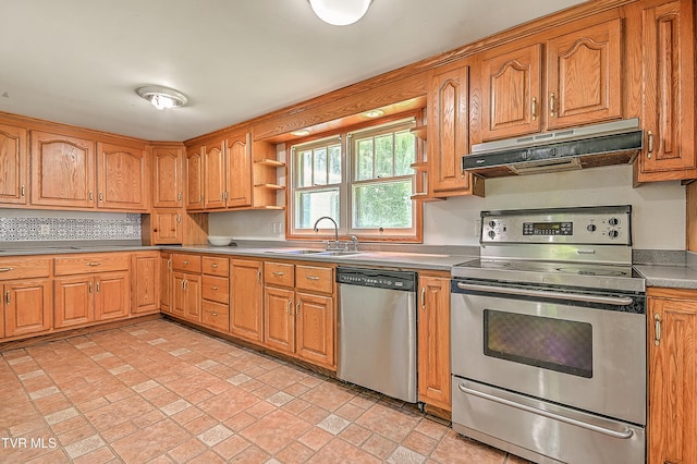 301 Keenburg Rd, Bluff City, TN 37618 - kitchen featuring stainless steel appliances, under cabinet range hood, brown cabinets, and open shelves