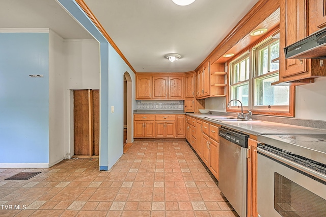 301 Keenburg Rd, Bluff City, TN 37618 - kitchen with appliances with stainless steel finishes, arched walkways, exhaust hood, open shelves, and light countertops