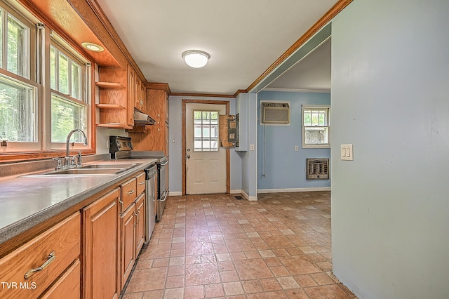 301 Keenburg Rd, Bluff City, TN 37618 - kitchen featuring stainless steel electric range, under cabinet range hood, ornamental molding, open shelves, and heating unit
