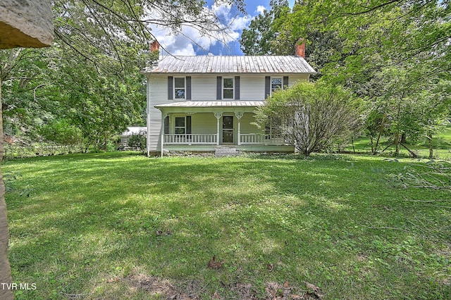 301 Keenburg Rd, Bluff City, TN 37618 - view of front of property with a chimney, covered porch, a metal roof, and a front yard