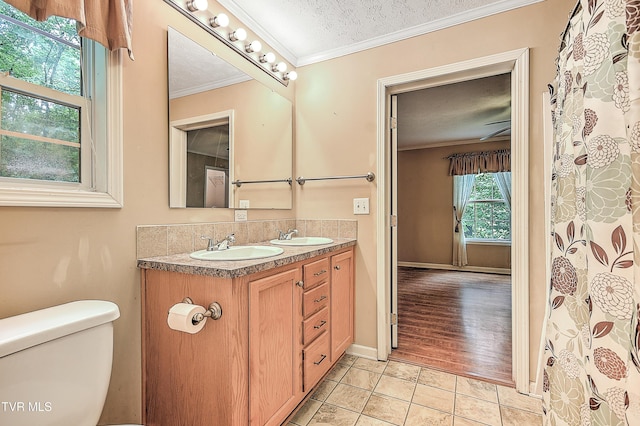 13275 Chip Ridge Rd, Abingdon, VA 24210 - full bathroom with crown molding, double vanity, a textured ceiling, and tile patterned flooring