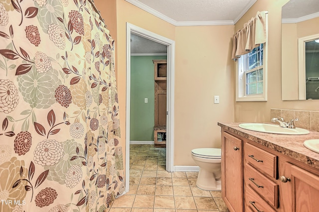 13275 Chip Ridge Rd, Abingdon, VA 24210 - full bath with vanity, crown molding, a textured ceiling, curtained shower, and tile patterned flooring