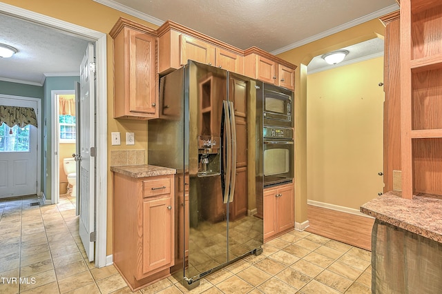 13275 Chip Ridge Rd, Abingdon, VA 24210 - kitchen featuring black appliances, a textured ceiling, crown molding, light countertops, and light tile patterned floors