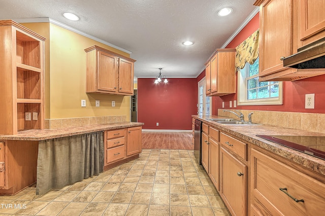 13275 Chip Ridge Rd, Abingdon, VA 24210 - kitchen with a textured ceiling, crown molding, recessed lighting, light countertops, and a chandelier