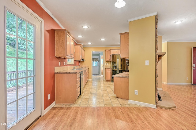 13275 Chip Ridge Rd, Abingdon, VA 24210 - kitchen with fridge with ice dispenser, crown molding, plenty of natural light, light wood-style floors, and stainless steel dishwasher