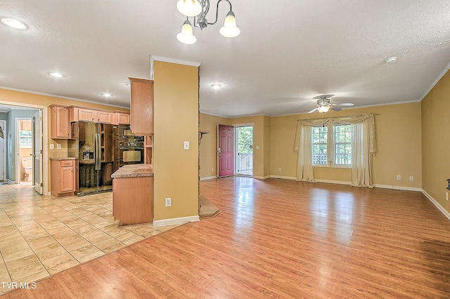 13275 Chip Ridge Rd, Abingdon, VA 24210 - kitchen featuring black refrigerator with ice dispenser, crown molding, light wood finished floors, a ceiling fan, and recessed lighting