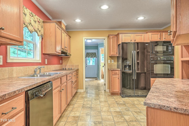 13275 Chip Ridge Rd, Abingdon, VA 24210 - kitchen with black appliances, crown molding, a textured ceiling, light countertops, and light brown cabinets