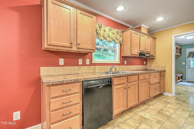 13275 Chip Ridge Rd, Abingdon, VA 24210 - kitchen featuring black appliances, crown molding, light countertops, under cabinet range hood, and a textured ceiling