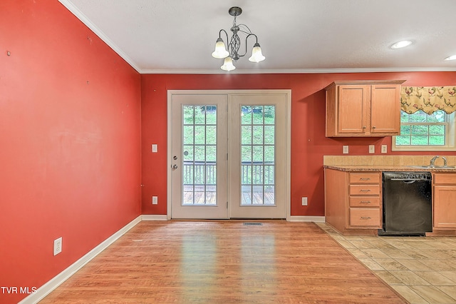 13275 Chip Ridge Rd, Abingdon, VA 24210 - kitchen with dishwasher, light wood-style floors, a chandelier, ornamental molding, and light countertops