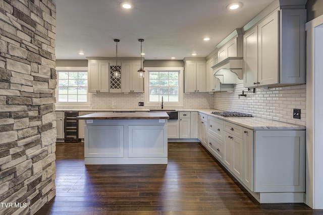 2 Longview Ln, Kingsport, TN 37660 - kitchen featuring wine cooler, wooden counters, dark wood-style flooring, backsplash, and pendant lighting
