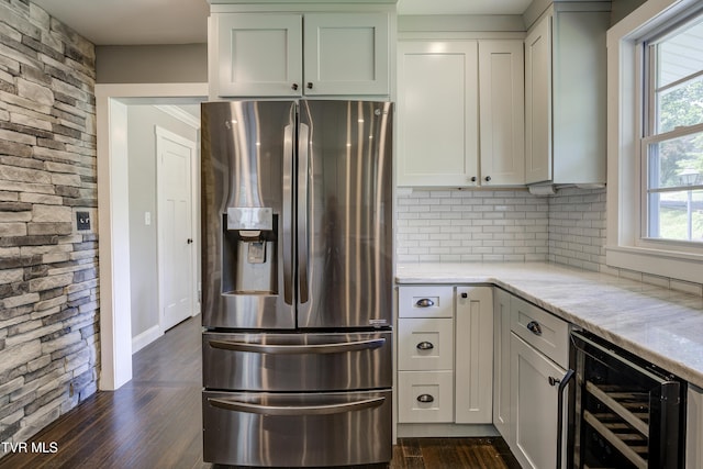 2 Longview Ln, Kingsport, TN 37660 - kitchen with stainless steel fridge with ice dispenser, beverage cooler, backsplash, light stone countertops, and dark wood-style floors