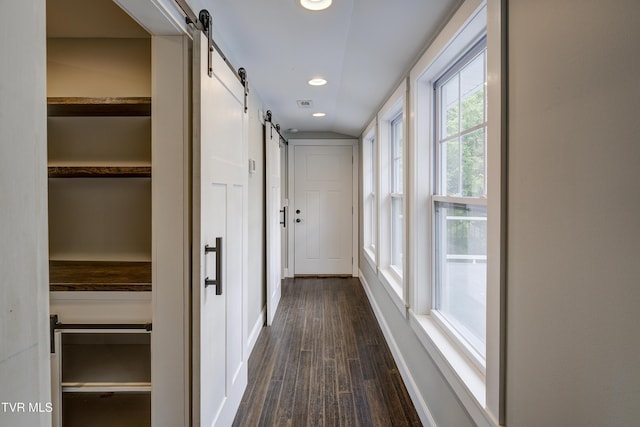 2 Longview Ln, Kingsport, TN 37660 - hall with a barn door, dark wood finished floors, and recessed lighting