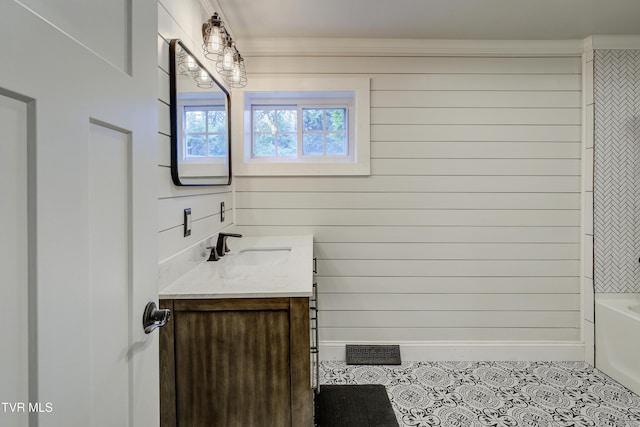 2 Longview Ln, Kingsport, TN 37660 - bathroom with vanity, tile patterned flooring, shower / tub combination, and wood walls