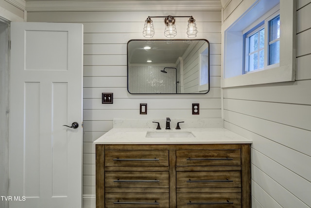 2 Longview Ln, Kingsport, TN 37660 - bathroom featuring vanity, wood walls, crown molding, and a shower