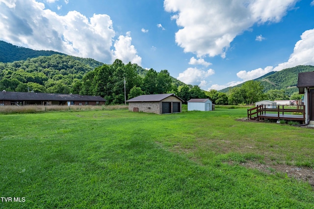 157 Spring St, Hampton, TN 37658 - view of green lawn with a mountain view, a shed, and a detached garage