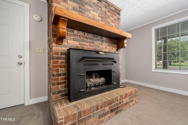 157 Spring St, Hampton, TN 37658 - detailed view of a fireplace, carpet floors, a smoke detector, and ornamental molding