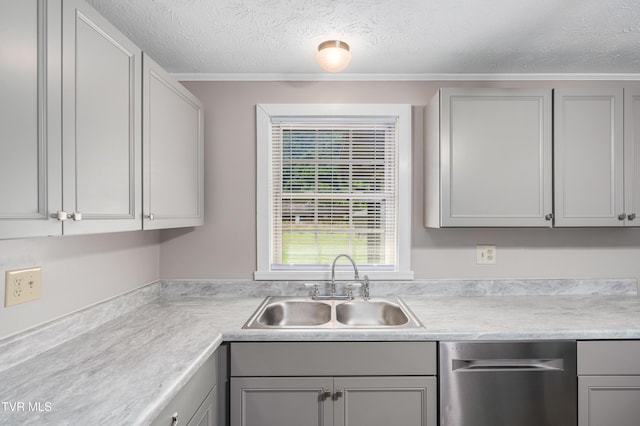 157 Spring St, Hampton, TN 37658 - kitchen featuring dishwasher, gray cabinetry, light countertops, a textured ceiling, and crown molding