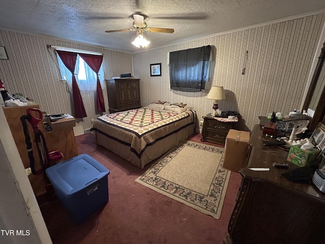 406 NE Mason Ave, Wise, VA 24293 - carpeted bedroom with a textured ceiling, ornamental molding, a ceiling fan, and wallpapered walls